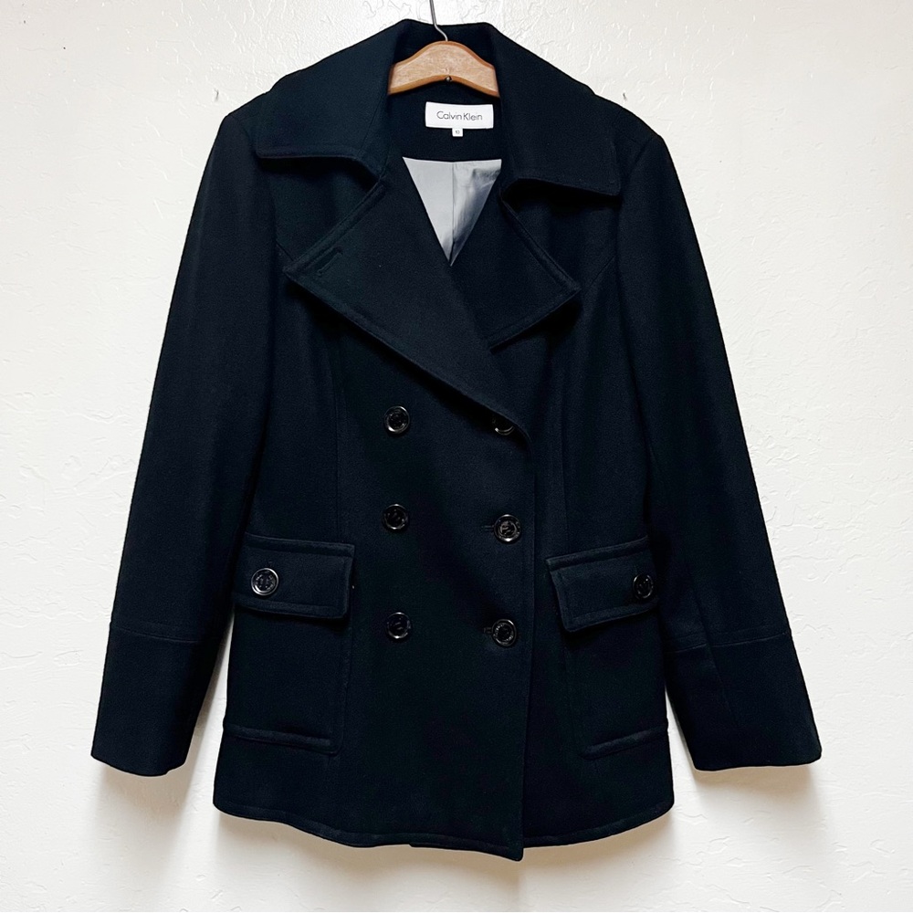 Calvin Klein Button Up Pea Coat Women's Size 10 Black Wool Blend Pockets